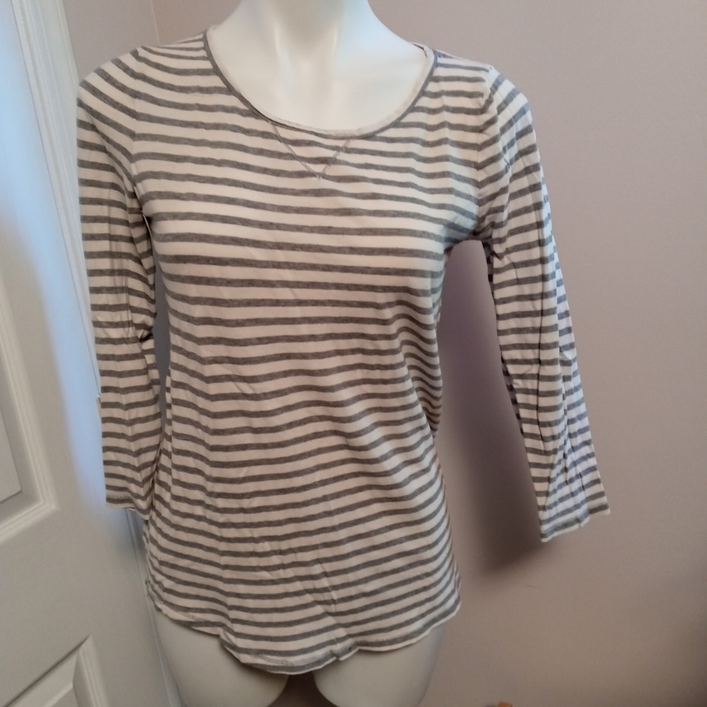 J crew gray and white striped 3/4 sleeve shirt